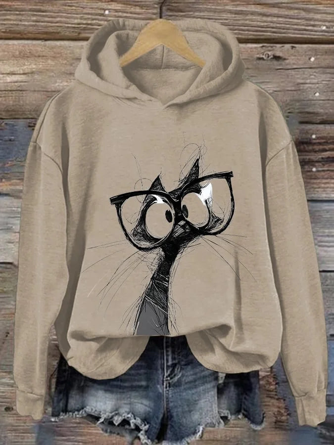Women's Artistic Hand-Painted Animal Cat Print Hoodie