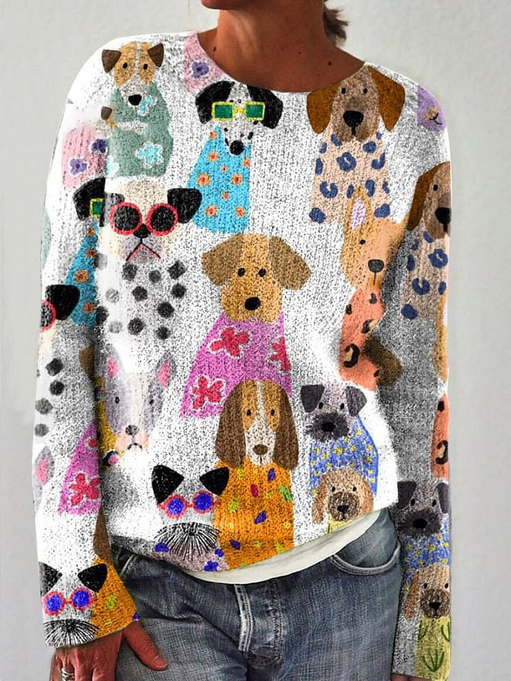 Colorful Cartoon Puppy Print Knit Pullover Sweater