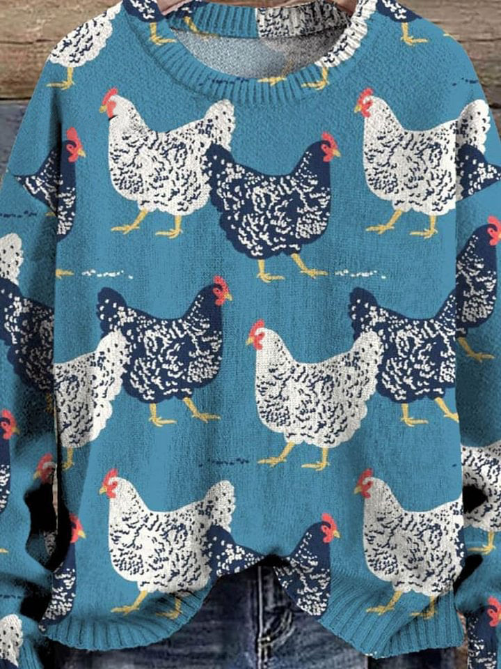 Christmas Cute Chickens Decorations Art Pattern Print Casual Knit Pullover Sweater