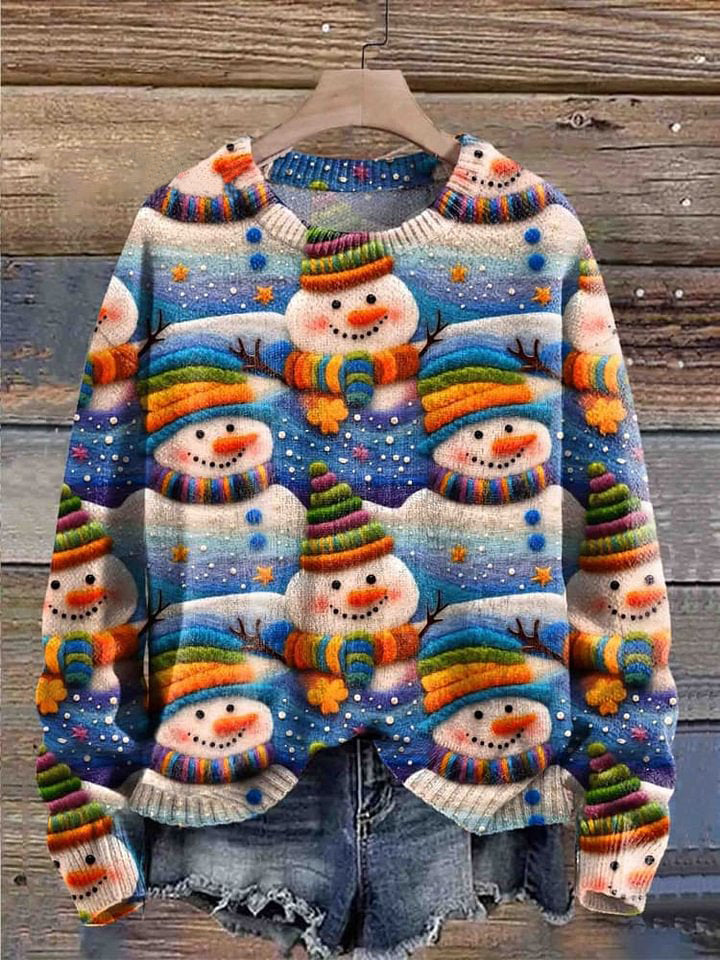Snowman Christmas Art Print Knit Pullover Sweater