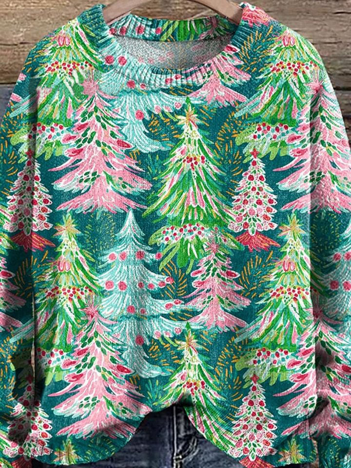 Christmas Trees Bright Pink Christmas Trees Winter Print Knit Pullover Sweater