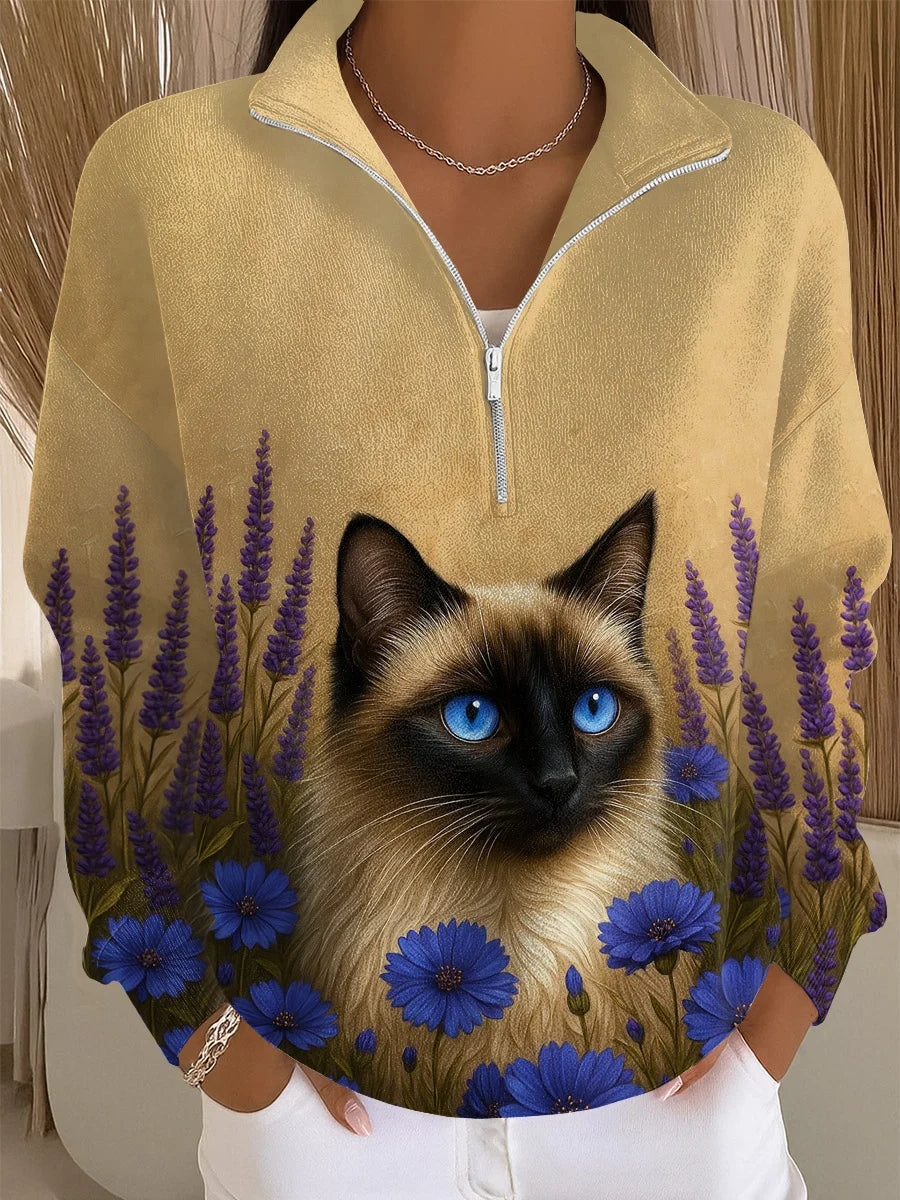 Women's Cat Art Print Casual Sweatshirt