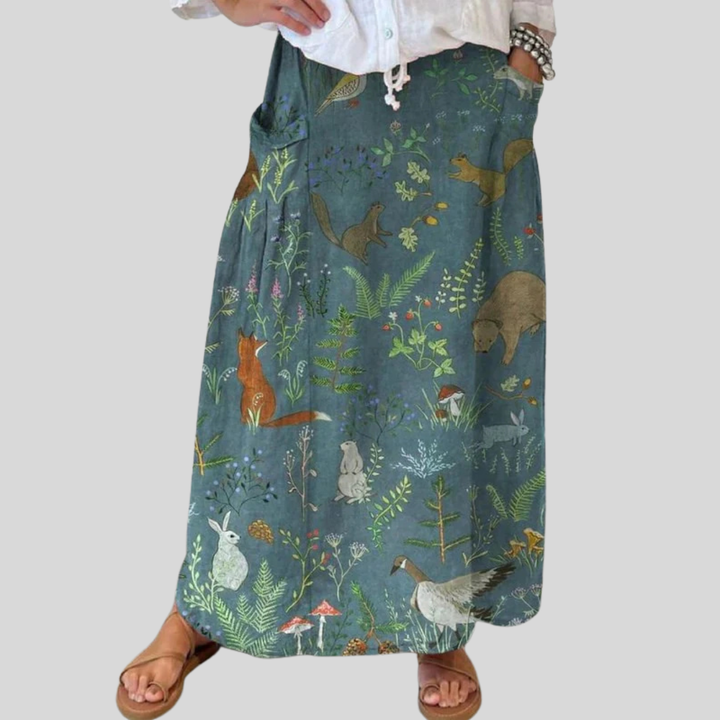 Women's Retro Floral Animals Art Casual Linen Pocket Skirt