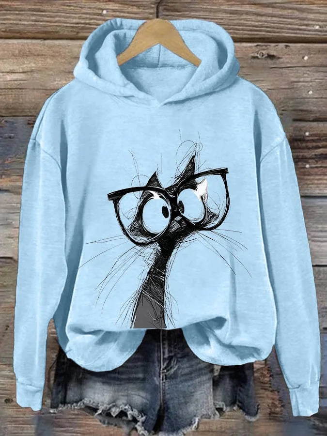 Women's Artistic Hand-Painted Animal Cat Print Hoodie