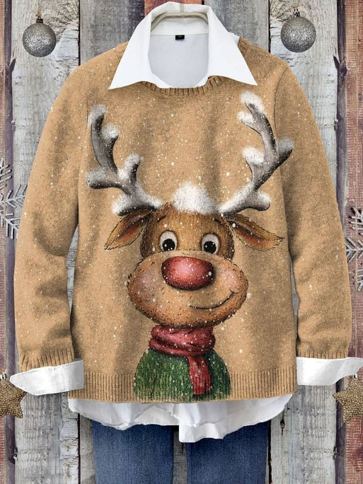 Cute Christmas Deer Art Print Knit Pullover Sweater