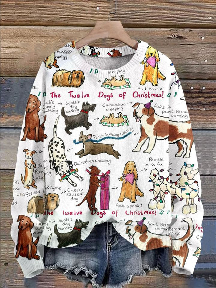 The Twelve Dogs Of Christmas  Funny Dogs Christmas Print Knit Pullover Sweater