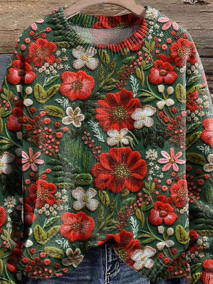 Christmas Vintage Christmas Flowers Print Knit Pullover Sweater