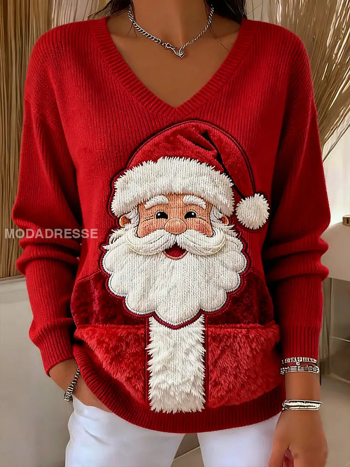 Women's Christmas Santa Claus Art V-neck Ribbed Top