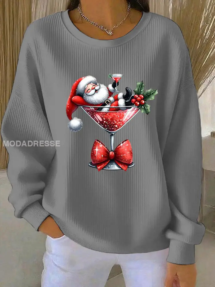 Women's Christmas Santa Printed Ribbed Round Neck Sweaters