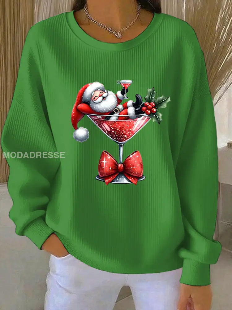 Women's Christmas Santa Printed Ribbed Round Neck Sweaters