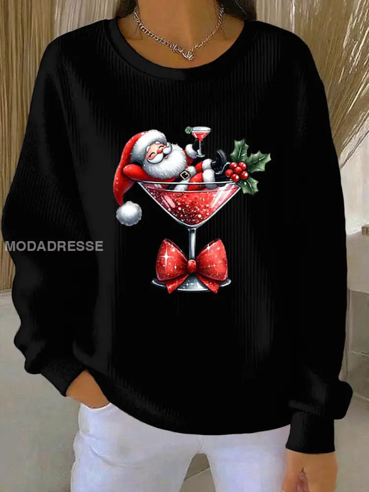 Women's Christmas Santa Printed Ribbed Round Neck Sweaters