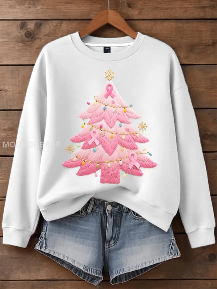 Women's Pink Christmas Tree Embroidered Sweaters