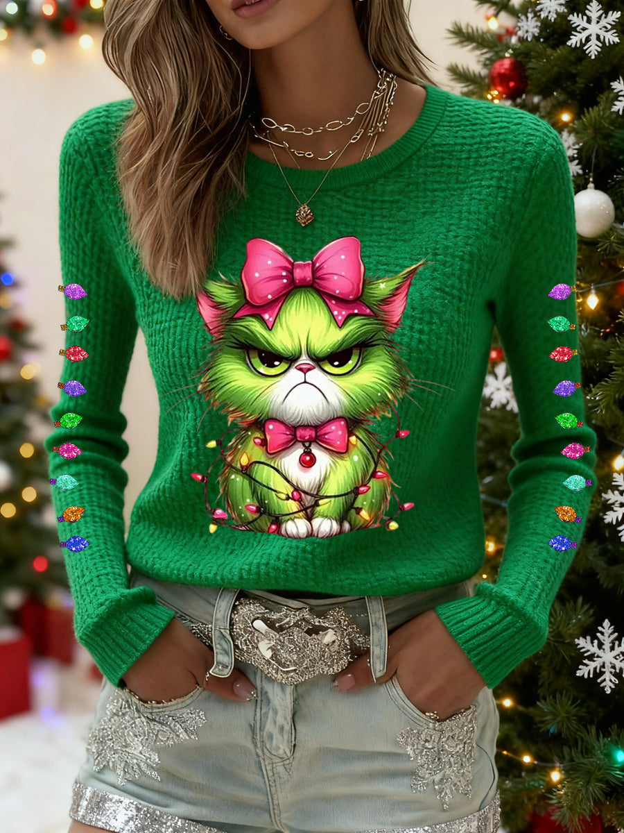 Funny Christmas Grinch Cat Print Waffle Top casual for women