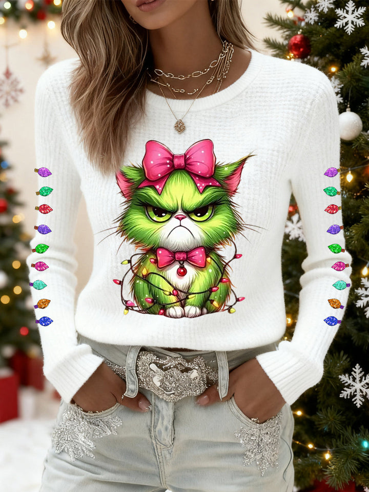 Funny Christmas Grinch Cat Print Waffle Top casual for women