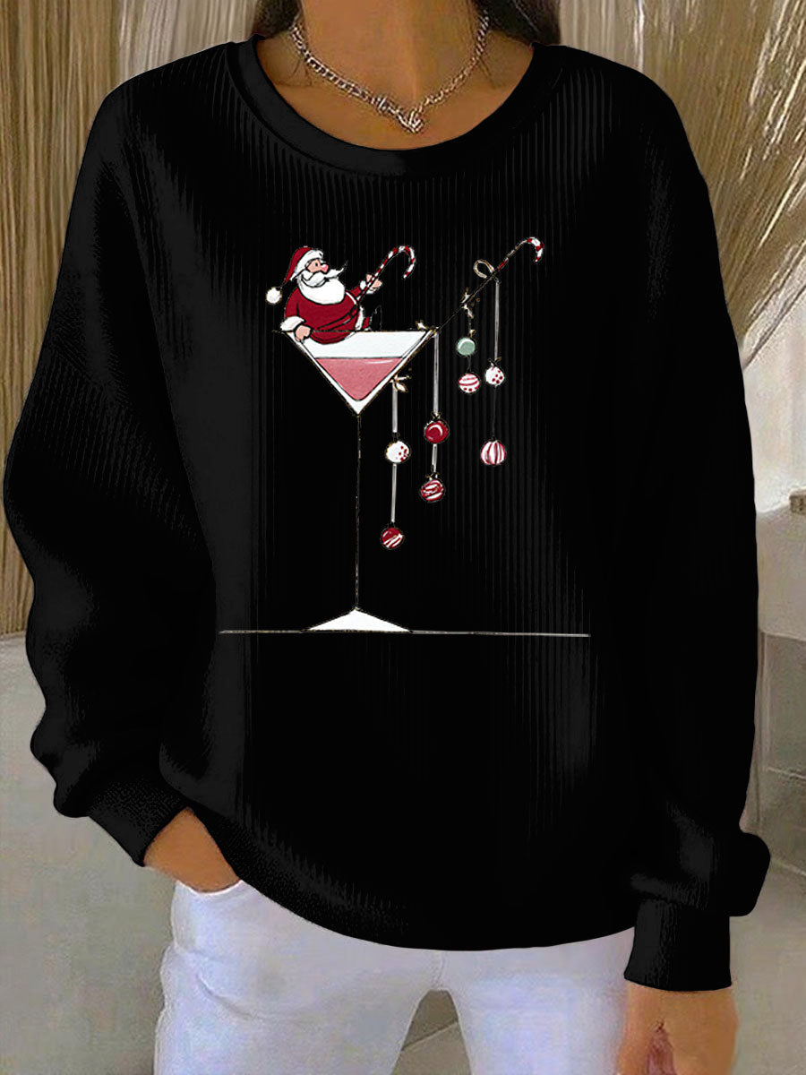 Women's Ribbed Printed Christmas Santa Crewneck Sweatshirt