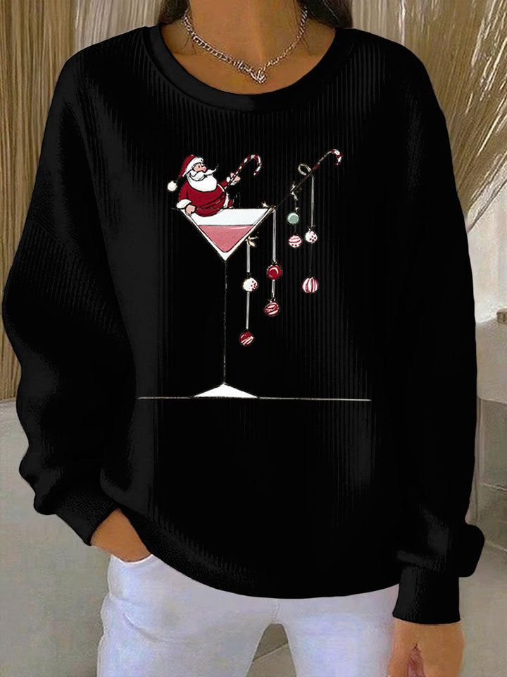 Women's Ribbed Printed Christmas Santa Crewneck Sweatshirt