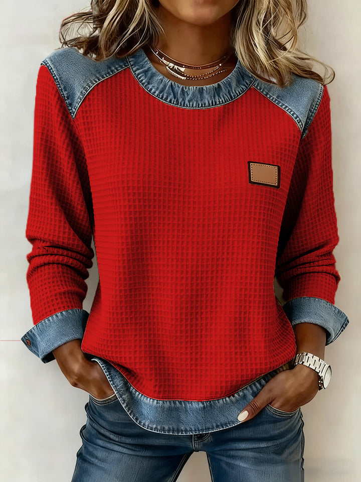 Women's Patchwork Design Waffle Sweatshirt