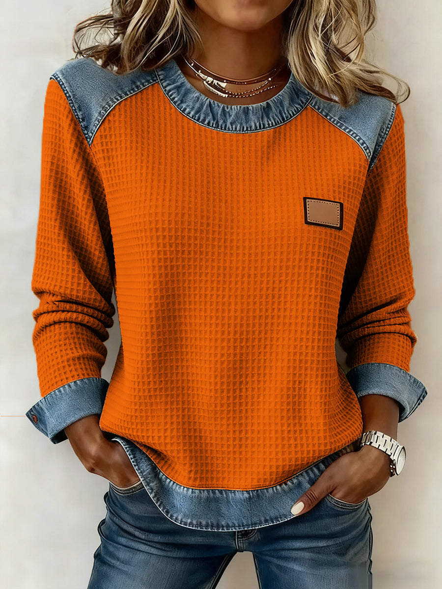 Women's Patchwork Design Waffle Sweatshirt